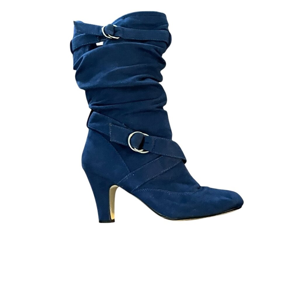 BAMBOO. Women Navy Blue Mid-Calf Heeled Boots With Wraparound‎ Straps Size 8.5
